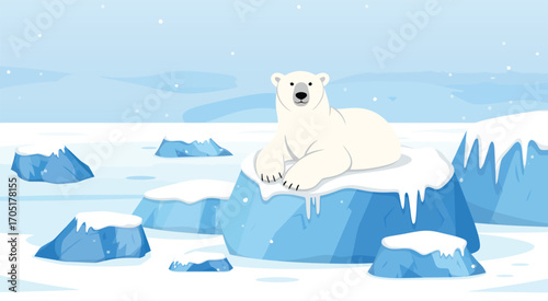 Serene Arctic Scene with Sleeping Polar Bear on Ice Floe, Falling Snow Creating Peaceful Atmosphere, Winter Wildlife Illustration, Tranquil Polar Environment Vector Art Design