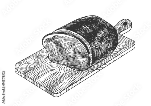 Sketch of roast beef on cutting board isolated on white background. Tenderloin Steak. Hand drawn beef steak. Vintage engraving. Butcher shop product. Food. Retro style steak for menu, butcher shop