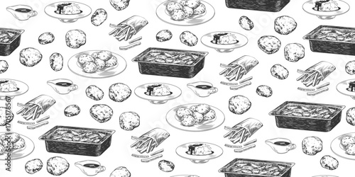 Seamless pattern with potato dishes in sketch style. Background with mashed potatoes, baked potatoes, raw potatoes, French fries isolated on white. Black and white engraving illustrations of food