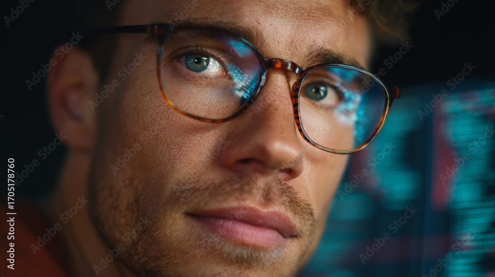 The Gaze of Innovation: A focused individual, adorned in spectacles, gazes intently into the future, illuminated by the glow of the screen, and reflective of innovation The Gaze of Innovation: A focused individual, adorned in spectacles, gazes intently into the future, illuminated by the glow of the screen, and reflective of innovation