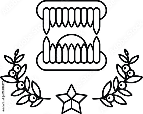 A black and white drawing of a mouth with teeth and a star in the background