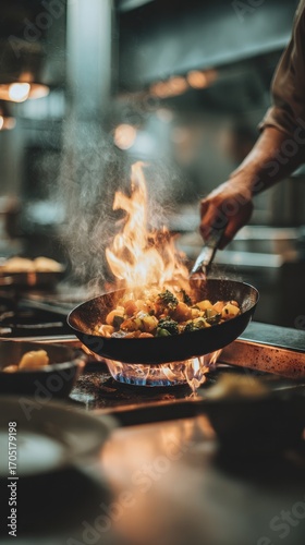 Professional chef cooking vegetables in flaming wok on gas stove, dramatic fire and steam in restaurant kitchen, stir fry culinary process with vibrant colors and authentic Asian cuisine atmosphere