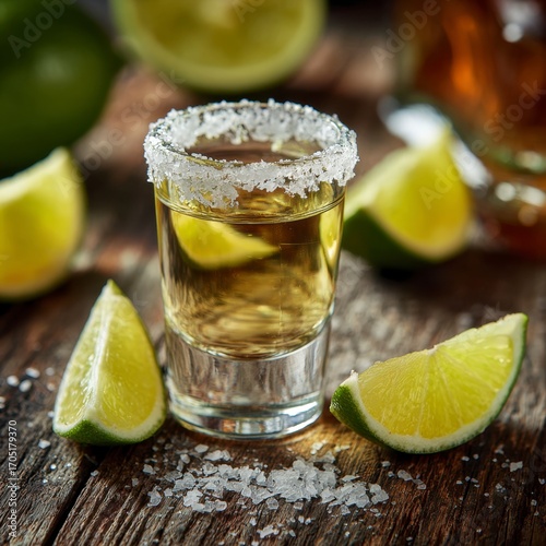 Saltrimmed tequila shot on wooden surface with lime wedges and loose salt