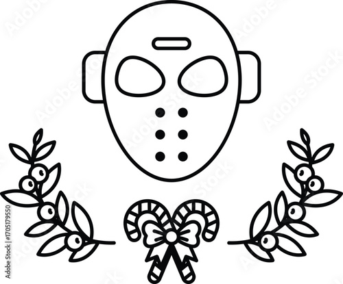 A cartoonish drawing of a hockey goalie with a Christmas wreath