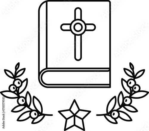 A book with a cross on it is surrounded by leaves and a star