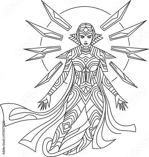 Line art illustration of a female warrior with geometric armor and cape