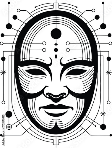Black and white abstract face with geometric circuit patterns