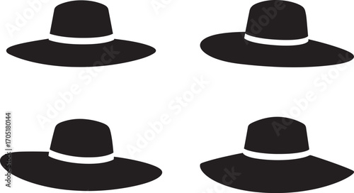 Four black wide brimmed hats in silhouette style