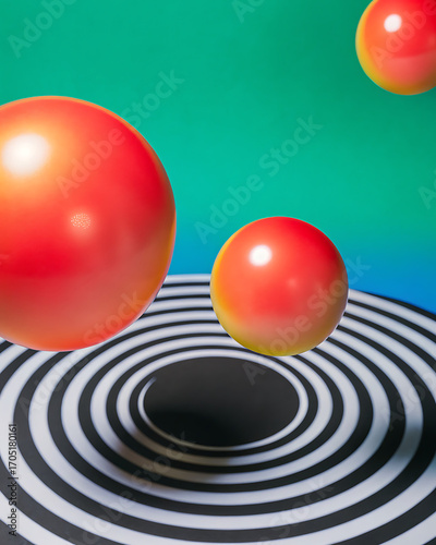 Large Glossy Red Spheres Hovering above a Bullseye