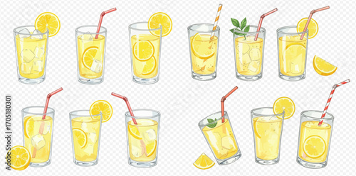 A collection of refreshing lemonade drinks in various glasses with ice, lemon slices, and colorful straws, perfect for summer.