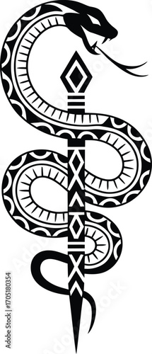 Black snake coiled around a tribal patterned dagger