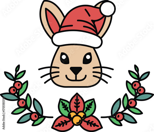 A rabbit with a hat on its head and a wreath of leaves around it