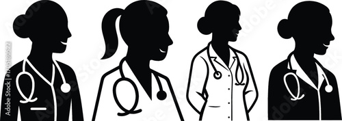 Diverse female doctor silhouettes set medical professionals with stethoscopes 