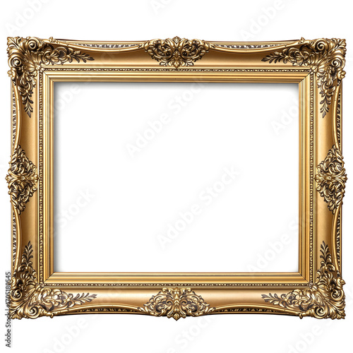 An elegant antique gold picture frame with ornate baroque carvings, isolated on a white background for easy mockup