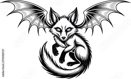 Black and white illustration of a winged fox creature