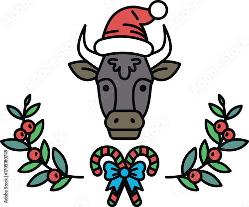 A cow with a Santa hat on its head