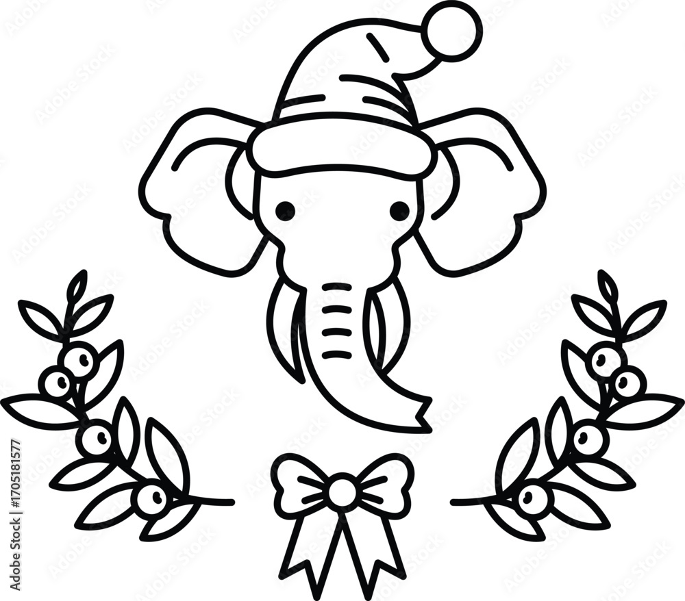 Fototapeta premium A black and white drawing of an elephant wearing a Santa hat and bow