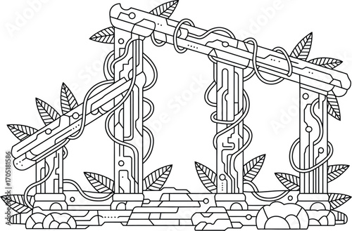 Abstract ancient stone archway with vines and circuit patterns