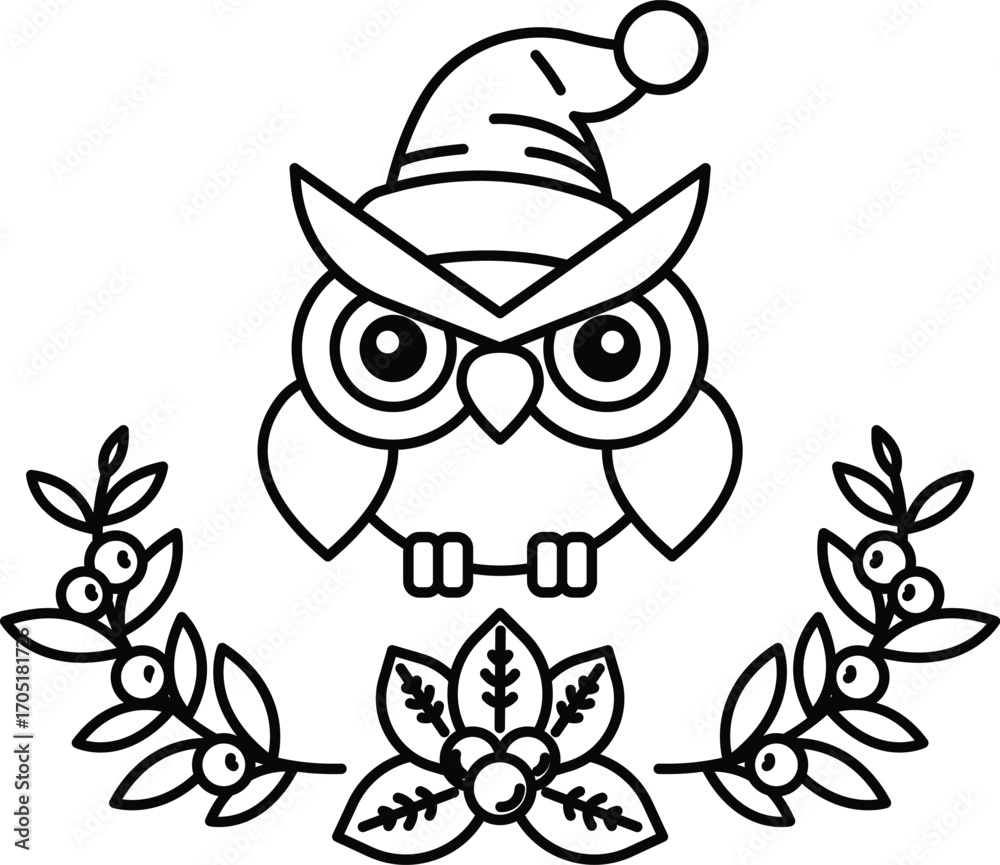 Naklejka premium A black and white drawing of an owl wearing a hat and surrounded by leaves