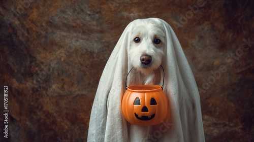 Dog dressed as ghost with pumpkin trick-or-treat bucket, Halloween concept, playful and spooky atmosphere, festive celebration, cute pet costume in high resolution photography