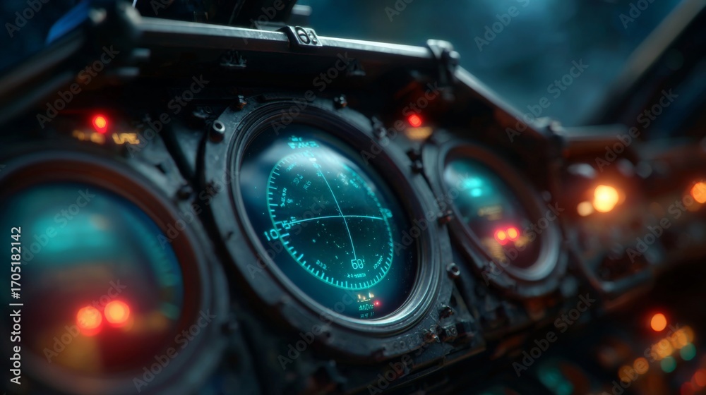 Fototapeta premium Cockpit Instruments: A detailed close-up of vintage cockpit instruments, dials glowing, displaying a futuristic yet retro aesthetic, hinting at the mystery of navigation.