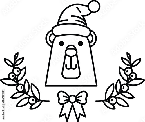 A bear wearing a hat and bow is surrounded by leaves