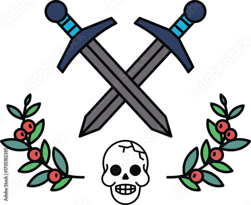 A skull is placed between two swords, with a leafy border surrounding the image