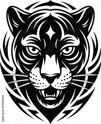 Black and white tribal tiger head graphic animal
