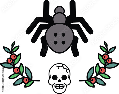 A spider is on top of a skull