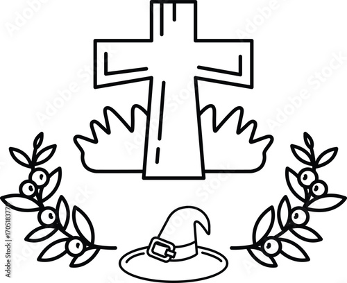 A cross is drawn in the center of a black and white drawing