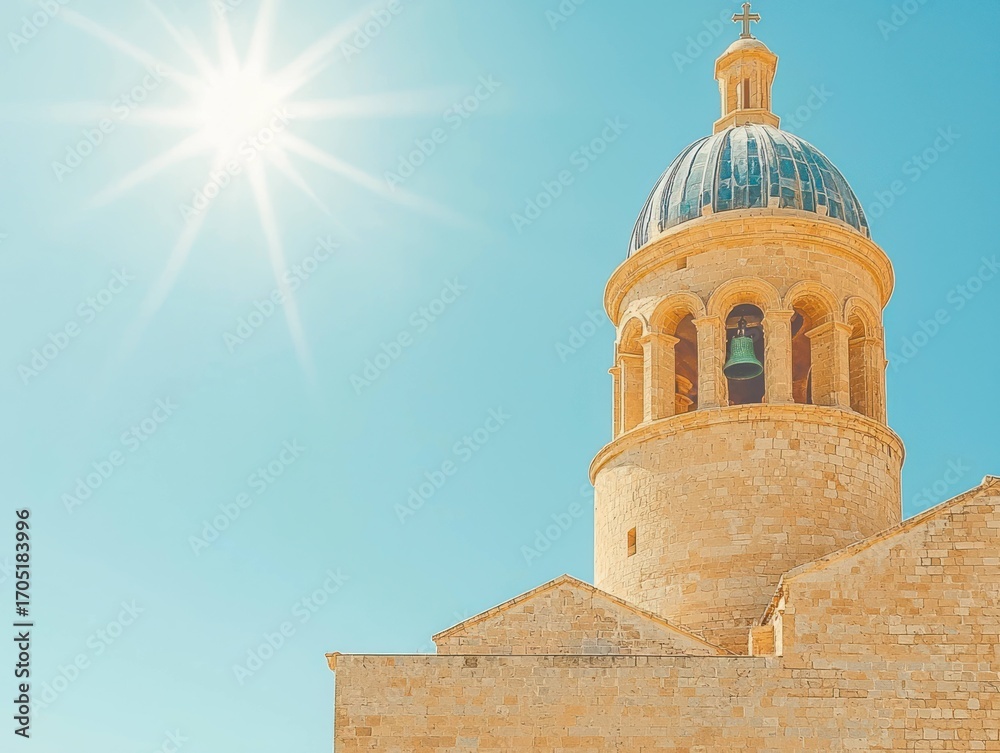 Obraz premium Sun shines on old church bell tower with dome against clear sky