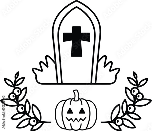 A black and white drawing of a cemetery with a cross and a tombstone