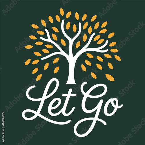 Tree with falling leaves and cursive text white yellow