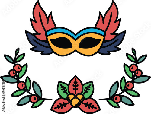 A black and white drawing of a mask and leaves