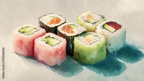 Soft watercolor painting of Uramaki sushi rolls with delicate brush strokes, pastel background, traditional Japanese minimalism, gentle muted colors2