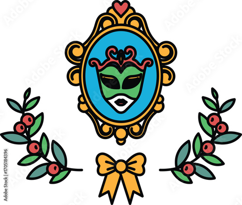 A black and white drawing of a mask with a bow and leaves