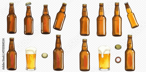 Collection of brown beer bottles in various states, some open, with beer glasses and bottle caps.