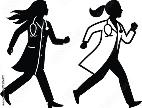 Dynamic silhouette of female doctors in motion ready for medical action and healthcare services 