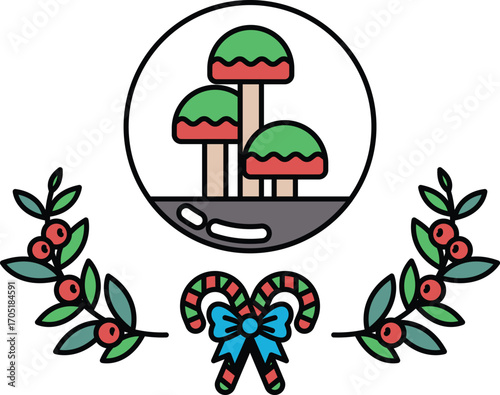 A black and white drawing of a Christmas tree with three mushrooms on it