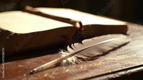 Open book and quill pen on aged wooden surface. Ancient manuscript, history, writing, antique, literature, education concept. Close up, soft focus.
