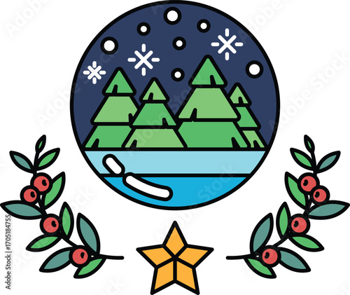 A black and white drawing of a snow globe with a star and leaves