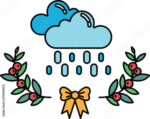 A black and white drawing of a cloud with raindrops falling on it