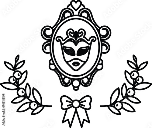 A black and white drawing of a mask with a bow and leaves