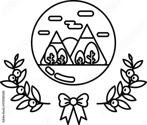 A mountain range is shown in the background of a drawing of a wreath