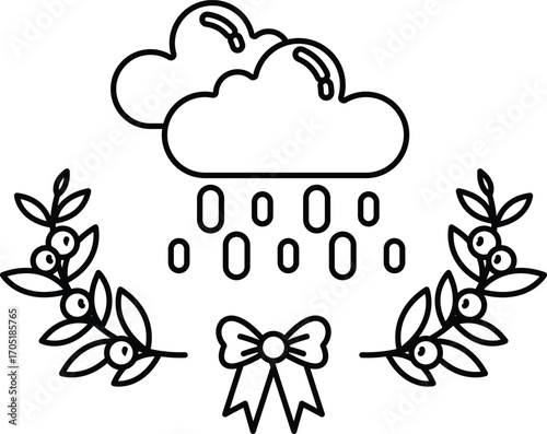 A black and white drawing of a cloud with raindrops falling on it