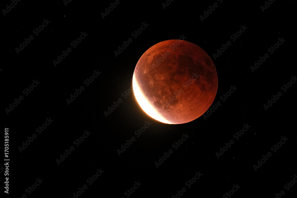 Fototapeta premium Der Blutmond verlässt den Kernschatten der Erde am 07.09.2025 über Hohenmölsen, Sachsen-Anhalt.