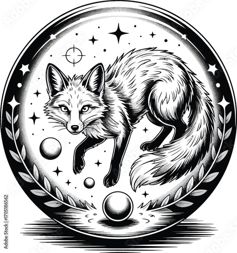 Black and white fox in celestial circular frame animal