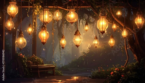 Magical Evening Illumination Hanging Lanterns in Lush Garden with Glowing Light and Vibrant Greenery Atmospheric Warmth