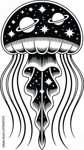 Black and white cosmic jellyfish illustration with planets and stars