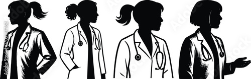 Female doctor silhouettes set featuring stethoscopes and lab coats for medical professions 